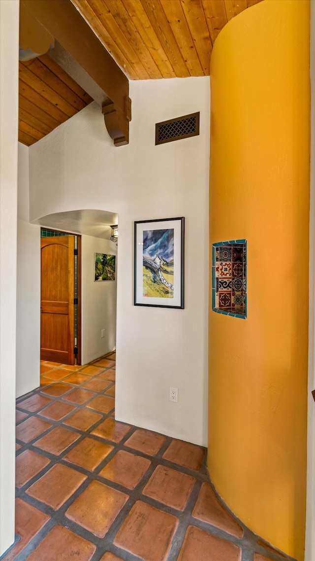 hallway with wooden ceiling, beamed ceiling, and visible vents