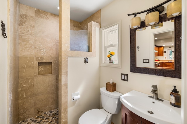 bathroom featuring vanity, toilet, and a walk in shower