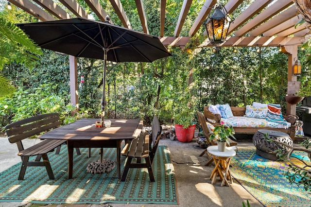 view of patio / terrace featuring outdoor dining space, a pergola, and outdoor lounge area