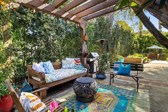 view of patio with an outdoor living space, grilling area, and a pergola