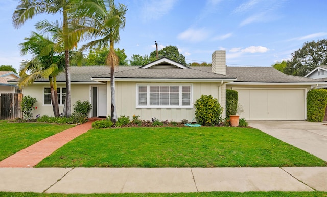 view of front of house featuring a chimney, concrete driveway, a front lawn, and a garage