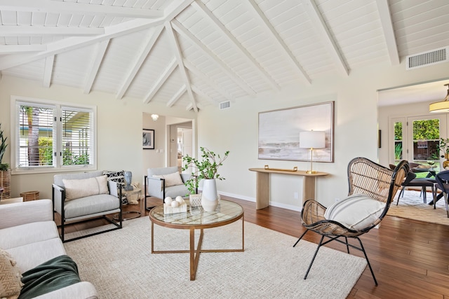 living room with beam ceiling, wood finished floors, visible vents, and baseboards