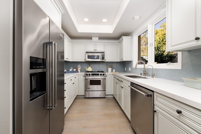 kitchen with a tray ceiling, premium appliances, white cabinets, and a sink