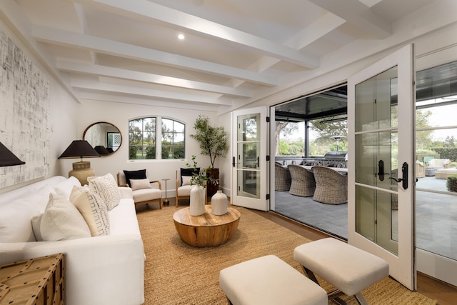 living room with recessed lighting, french doors, beam ceiling, and wood finished floors