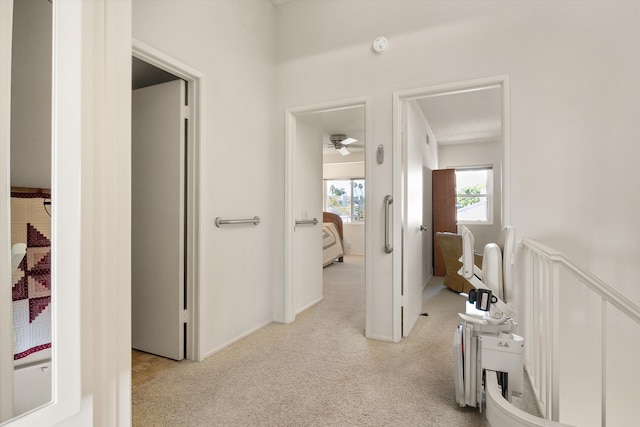 corridor with wainscoting and light carpet