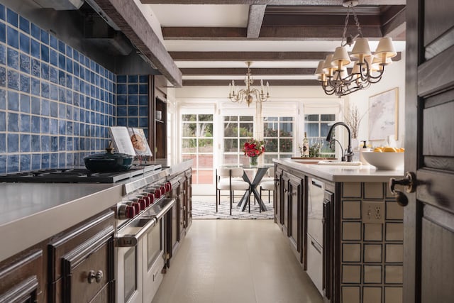 kitchen with beamed ceiling, a notable chandelier, a sink, backsplash, and light countertops