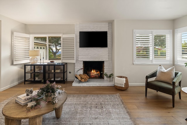 living room featuring a fireplace, baseboards, and wood finished floors