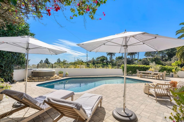 view of pool with a fenced backyard, a fenced in pool, a hot tub, and a patio