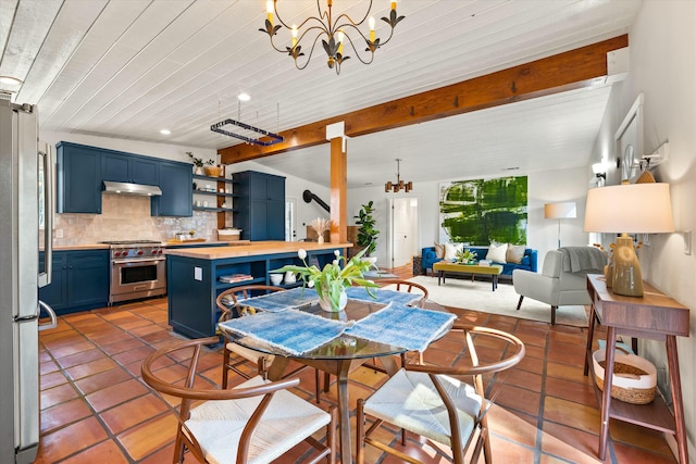 dining area with beam ceiling, a notable chandelier, and light tile patterned floors