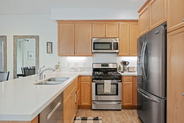 kitchen with light wood-type flooring, light countertops, appliances with stainless steel finishes, a peninsula, and a sink