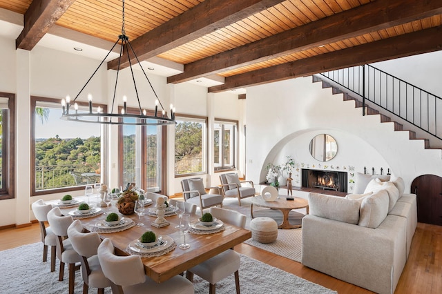 dining area with beam ceiling, a notable chandelier, a warm lit fireplace, wood finished floors, and wood ceiling