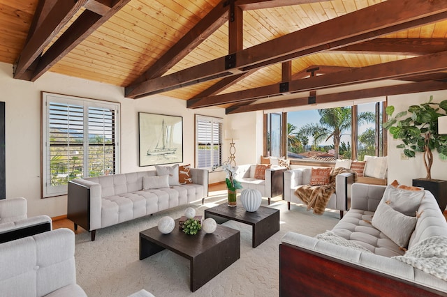 living room featuring wood ceiling, vaulted ceiling with beams, and carpet