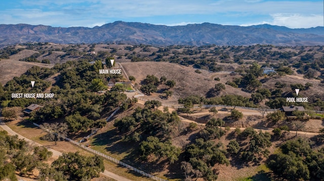 birds eye view of property featuring a mountain view