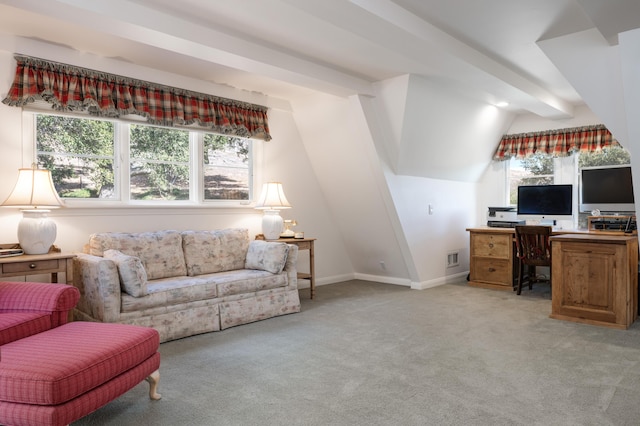 office area with light carpet, baseboards, and lofted ceiling