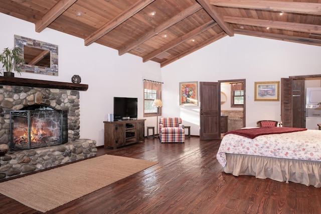 bedroom featuring dark wood finished floors, beamed ceiling, wooden ceiling, and high vaulted ceiling