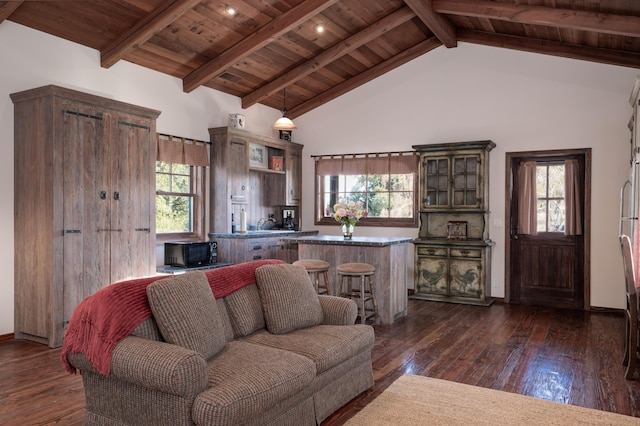 living area featuring dark wood-type flooring, high vaulted ceiling, wooden ceiling, and beam ceiling