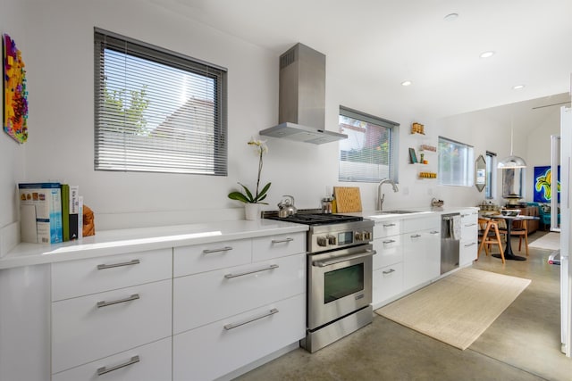 903 W Mission St, Santa Barbara, CA 93101 - kitchen with finished concrete flooring, modern cabinets, appliances with stainless steel finishes, and wall chimney exhaust hood