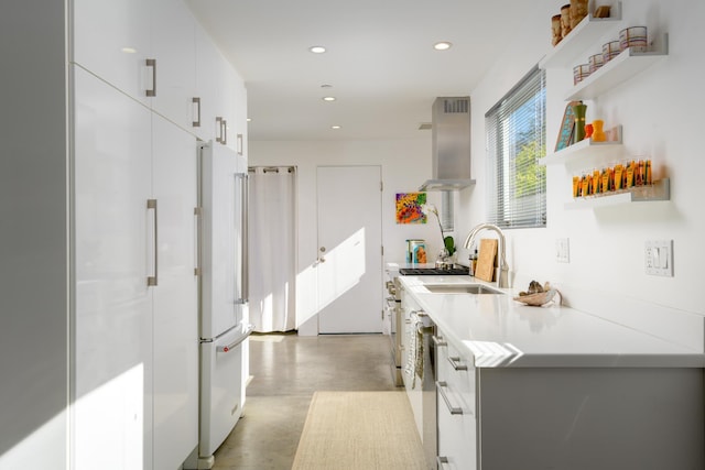 903 W Mission St, Santa Barbara, CA 93101 - kitchen with open shelves, recessed lighting, finished concrete floors, modern cabinets, and wall chimney exhaust hood