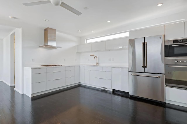 903 W Mission St, Santa Barbara, CA 93101 - kitchen with light countertops, a sink, modern cabinets, stainless steel appliances, and wall chimney range hood