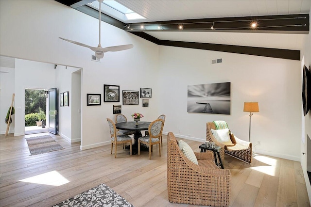 5134 Cathedral Oaks Rd, Santa Barbara, CA 93111 - dining room with visible vents, beamed ceiling, and light wood finished floors