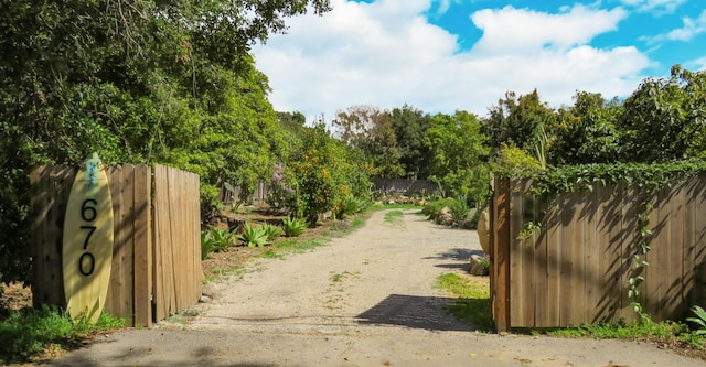 view of street featuring dirt driveway