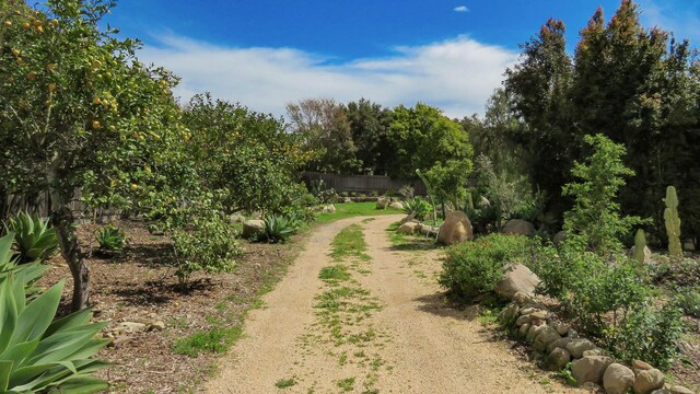 view of home's community with driveway and fence