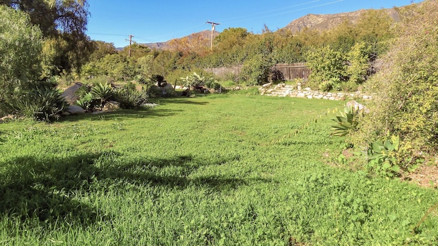 view of yard featuring fence and a mountain view