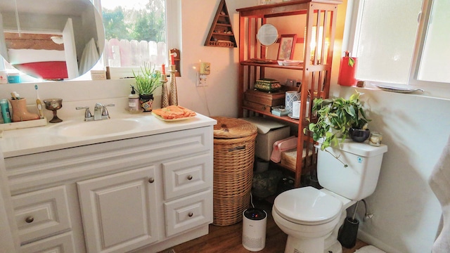 bathroom with wood finished floors, toilet, and vanity