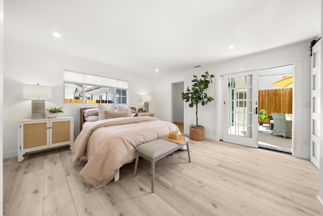 334 W Mission St, Santa Barbara, CA 93101 - bedroom with light wood-style floors, multiple windows, access to outside, recessed lighting, and a barn door