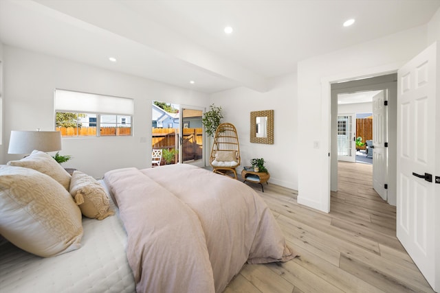 334 W Mission St, Santa Barbara, CA 93101 - bedroom with access to exterior, recessed lighting, light wood-style flooring, and baseboards