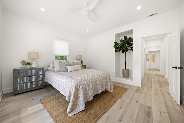 334 W Mission St, Santa Barbara, CA 93101 - bedroom featuring light wood finished floors, recessed lighting, a ceiling fan, and baseboards