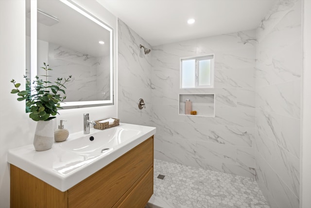 334 W Mission St, Santa Barbara, CA 93101 - full bath with vanity, a marble finish shower, and recessed lighting