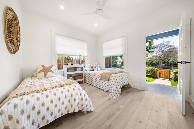 334 W Mission St, Santa Barbara, CA 93101 - bedroom featuring multiple windows, hardwood / wood-style flooring, access to outside, recessed lighting, and ceiling fan