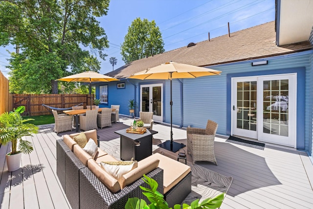334 W Mission St, Santa Barbara, CA 93101 - wooden terrace featuring outdoor dining space, french doors, and an outdoor hangout area