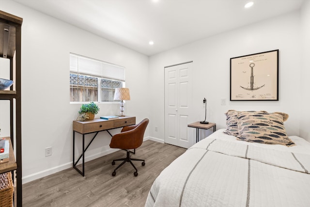 334 W Mission St, Santa Barbara, CA 93101 - bedroom with light wood finished floors, recessed lighting, baseboards, an office area, and a closet