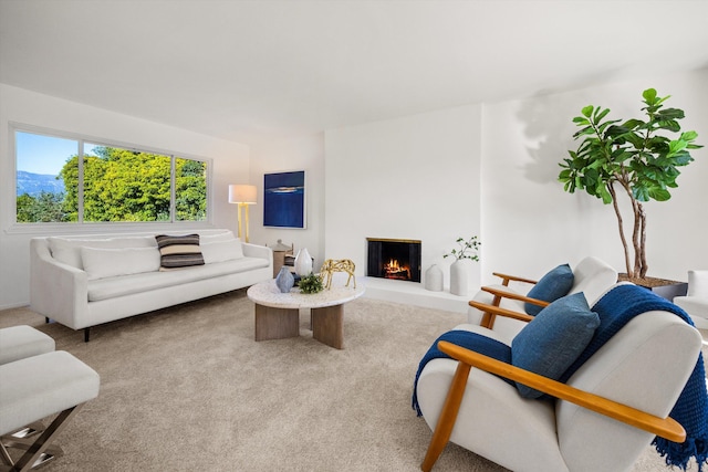 living area featuring a warm lit fireplace and carpet