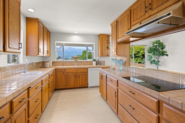 kitchen with black electric stovetop, white dishwasher, under cabinet range hood, and tile counters