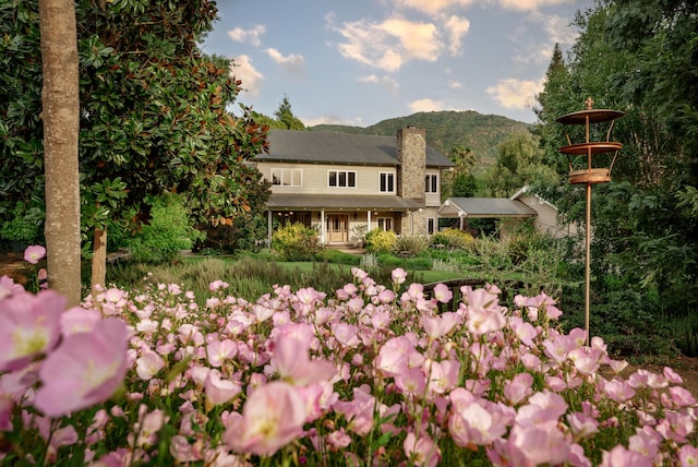 741 Saddle Ln, Ojai, CA 93023 - view of front facade with a chimney and a mountain view