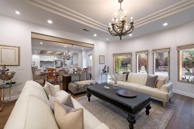 741 Saddle Ln, Ojai, CA 93023 - living room featuring a chandelier, dark wood finished floors, recessed lighting, plenty of natural light, and a raised ceiling