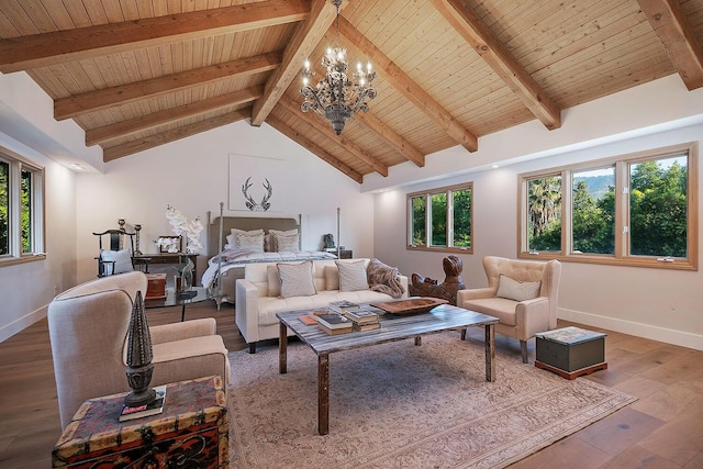 741 Saddle Ln, Ojai, CA 93023 - bedroom featuring a chandelier, wooden ceiling, wood finished floors, and baseboards