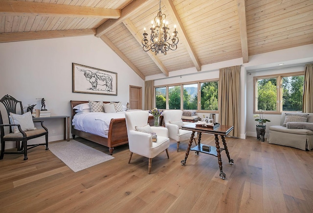 741 Saddle Ln, Ojai, CA 93023 - bedroom with a chandelier, light wood-type flooring, baseboards, wood ceiling with exposed beams, and high vaulted ceiling