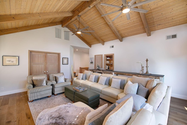 741 Saddle Ln, Ojai, CA 93023 - living area featuring a ceiling fan, wood ceiling with exposed beams, baseboards, high vaulted ceiling, and wood finished floors