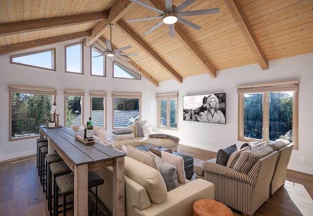 741 Saddle Ln, Ojai, CA 93023 - living room with a ceiling fan, wood ceiling with exposed beams, dark wood-type flooring, baseboards, and high vaulted ceiling