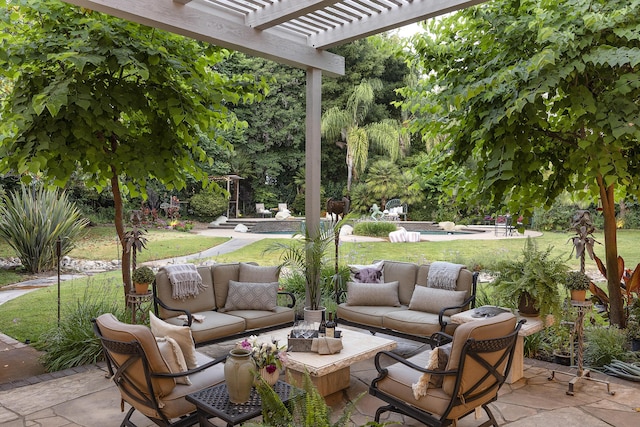 741 Saddle Ln, Ojai, CA 93023 - view of patio / terrace featuring an outdoor living space, a pergola, and an outdoor pool