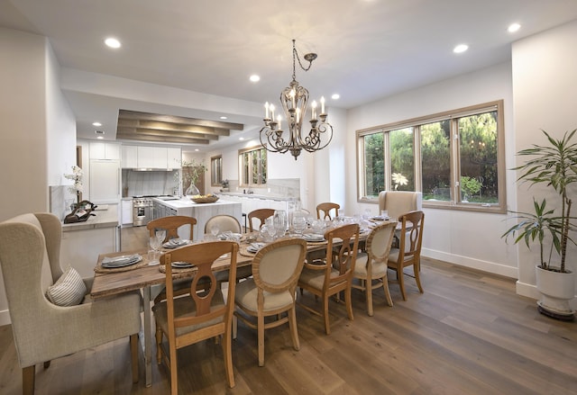 741 Saddle Ln, Ojai, CA 93023 - dining room with recessed lighting, wood finished floors, a chandelier, baseboards, and a tray ceiling