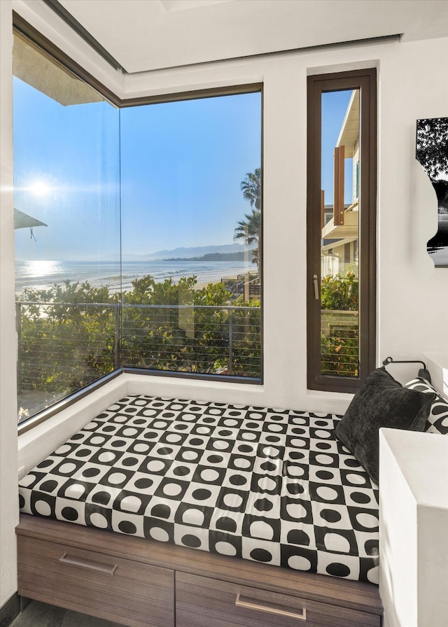 bedroom with a water view and multiple windows