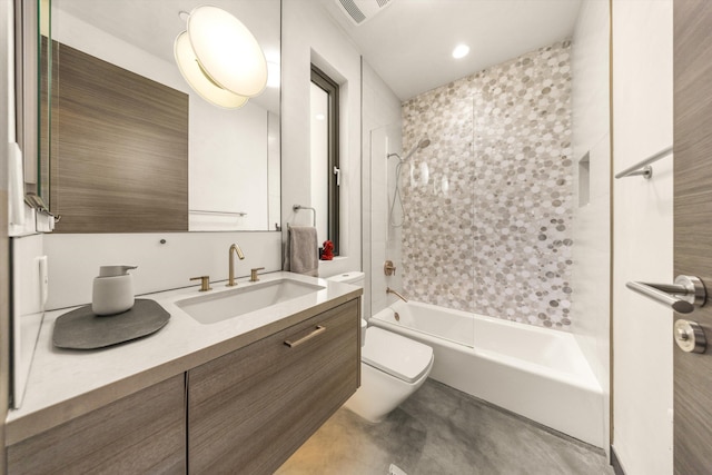 bathroom with vanity, toilet, recessed lighting, bathing tub / shower combination, and visible vents