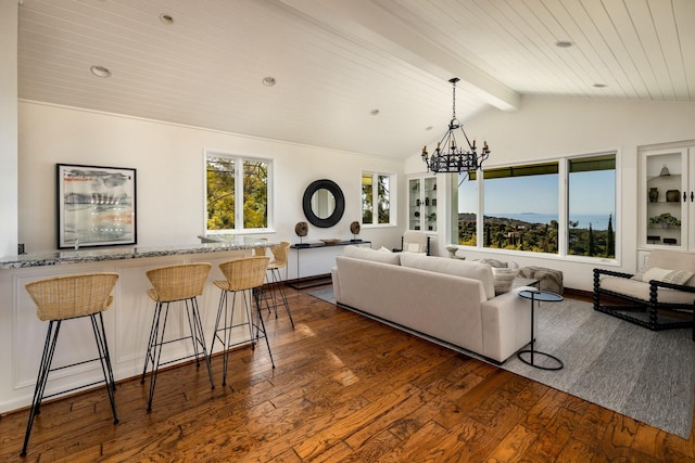 1060 Ladera Ln, Santa Barbara, CA 93108 - living room featuring dark wood-type flooring, vaulted ceiling with beams, wooden ceiling, and a notable chandelier