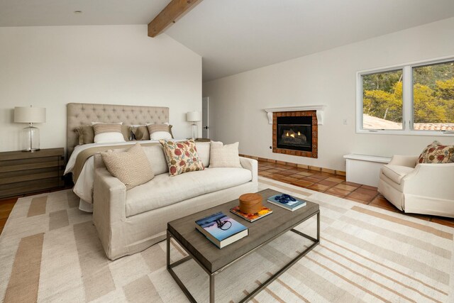 1060 Ladera Ln, Santa Barbara, CA 93108 - bedroom with lofted ceiling with beams and a glass covered fireplace