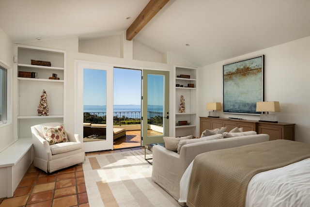 1060 Ladera Ln, Santa Barbara, CA 93108 - bedroom with access to outside, light tile patterned floors, lofted ceiling with beams, and a water view